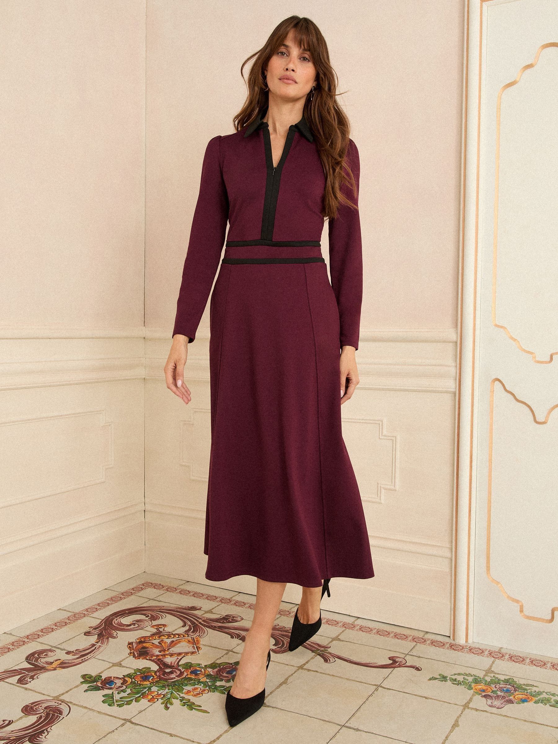 Bordeauxrood - Love & Roses Ponte midi-jurk met contrastrand en rits aan de voorkant en lange mouwen