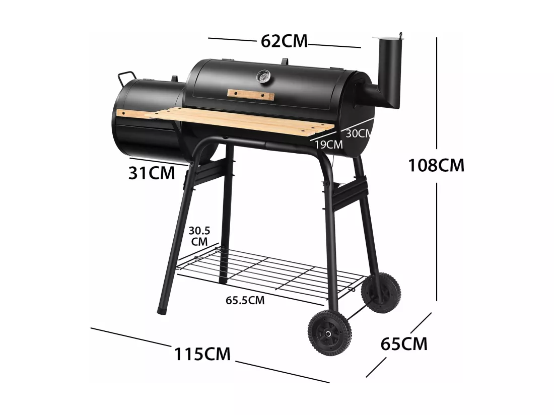 Barbecue à Charbon en Bois avec Fumoir Déporté, Barbecue Portable avec Caisse de Feu Latérale Table Latérale Étagère Poignées en Bois et 2 Roues pour CamBoisg Pique-Nique