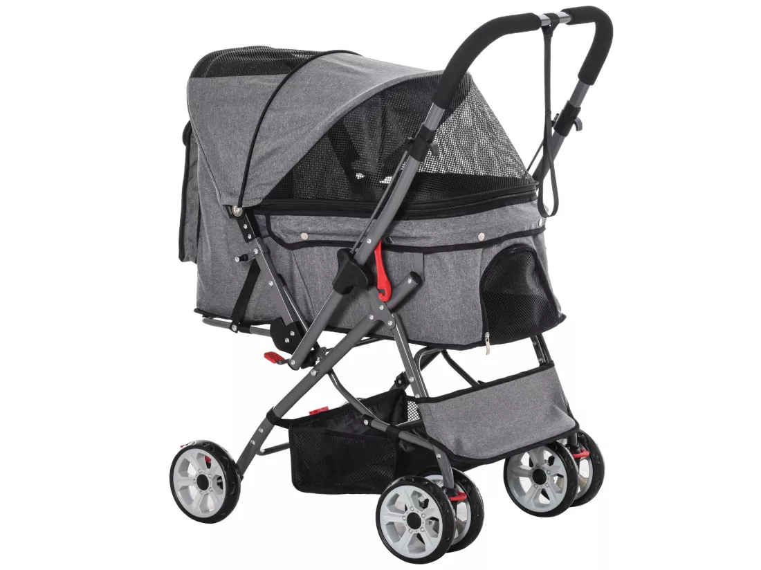Poussette buggy pliable chien chat panier et sac de rangement attaches sécurité housse réglable poignée réversible acier Oxford gris chiné noir