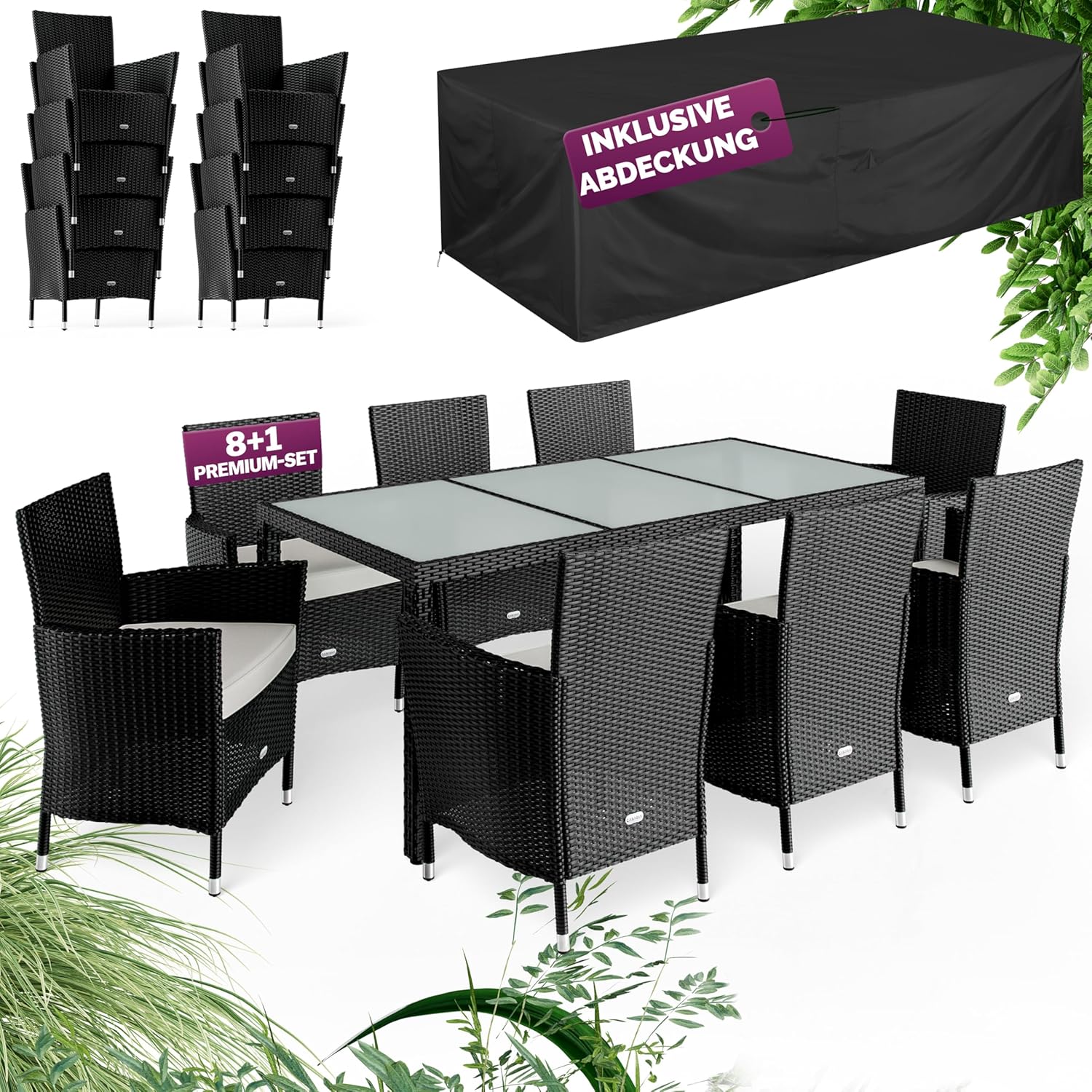 Casaria® Gartenmöbel Set 8 Personen Stühle inkl. 7cm Polster & Abdeckung Tisch 190x90cm 160kg Belastbar Wetterfest Polyrattan Stapelbar Terrasse Möbel Schwarz