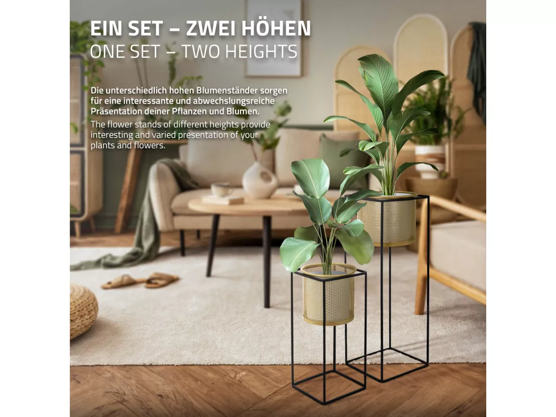 ML-Design Support pour fleurs, set de 2, noir-or, 21x21x47/25x25x71 cm, en acier, support pour pots de fleurs avec cache-pot, support pour plantes en métal, support pour pots de fleurs 2 pièces, pot de plantes déco Colonne de fleurs Tabouret de fleur
