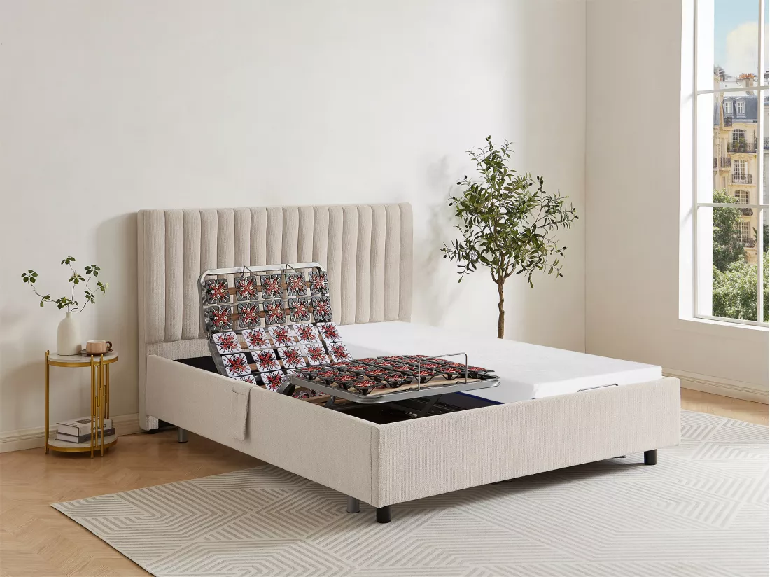 Lit électrique de relaxation déco tout plots + matelas mémoire de forme - 2 x 80 x 200 cm - Tissu - Beige - SASORA de YSMÉE