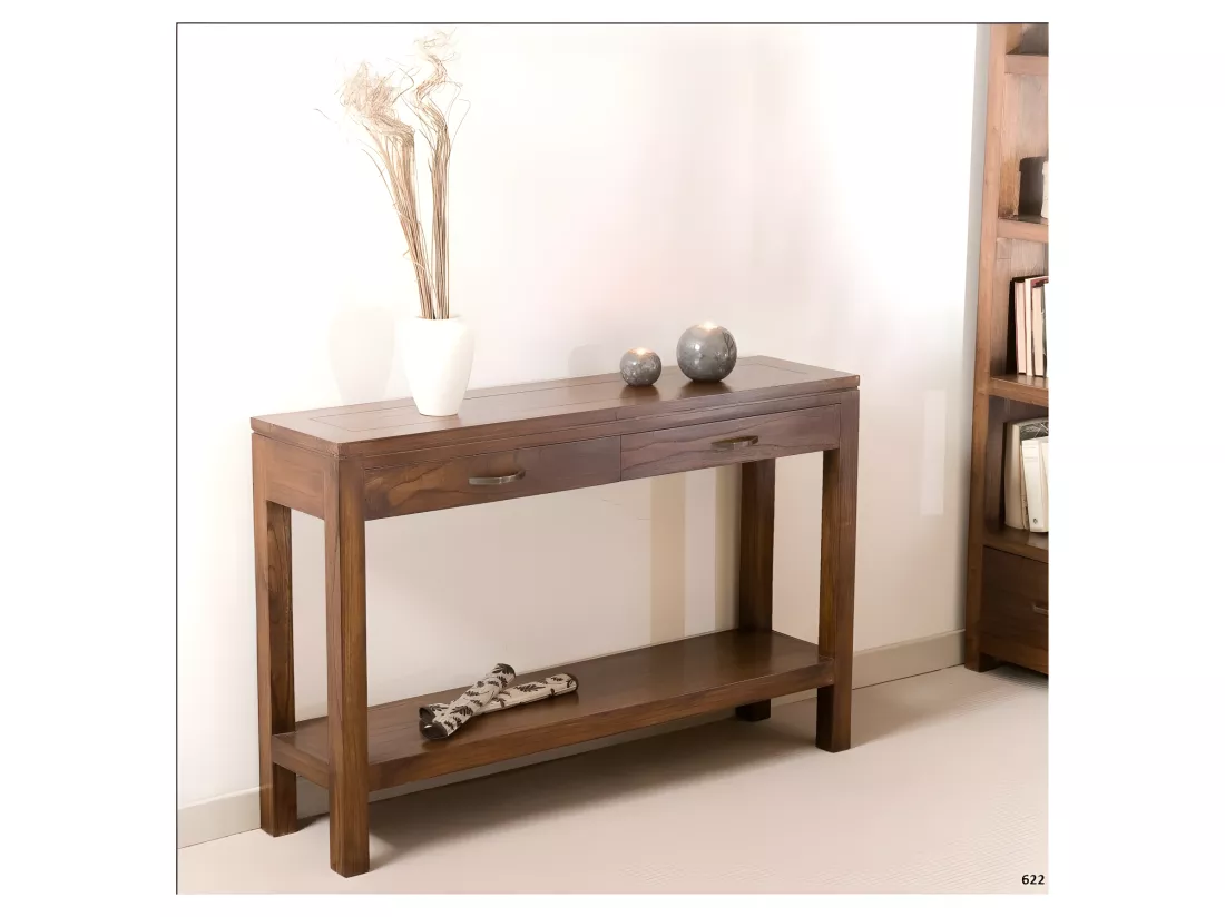 EDEN - Console marron rectangulaire 2 tiroirs bois Mindi