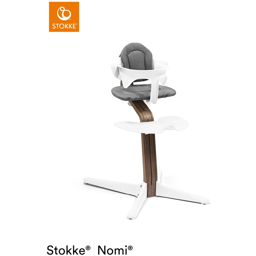 STOKKE® Nomi® Hochstuhl Walnuss  weiß inkl. Newborn Set weiß  grau blau