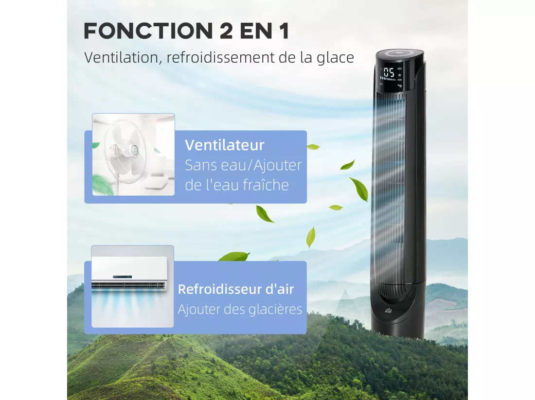 HOMCOM Ventilateur colonne tour rafraichisseur d'air 2 en 1 oscillant 60 W ultra silencieux télécommande incluse minuterie 4 modes 3 vitesses Ø 31 x 107 cm noir