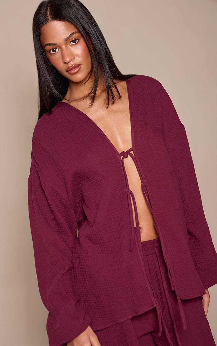 Prune Ensemble Coordonné Chemise Tall En Gaze Texturée À Nouer Devant