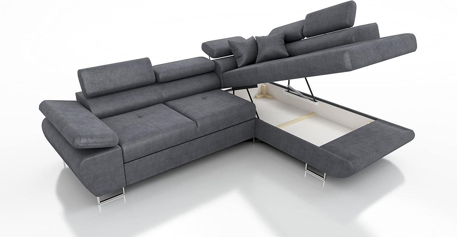 Robin Inspire Saturn Premium Ecksofa Schlaffunktion Bettkasten Verstellbare Kopfstützen Kissen Sofa L-Form Schlafsofa Freistehende Eckcouch Schlafcouch Wohnzimmermöbel Wohnlandschaft Kingston-Stoff