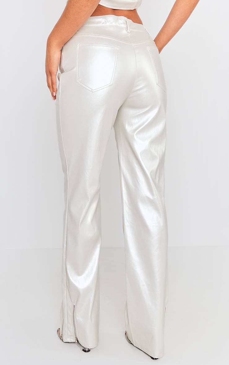Argenté Pantalon Droit Taille Mi-haute En Synthétiquecuir Métallisé