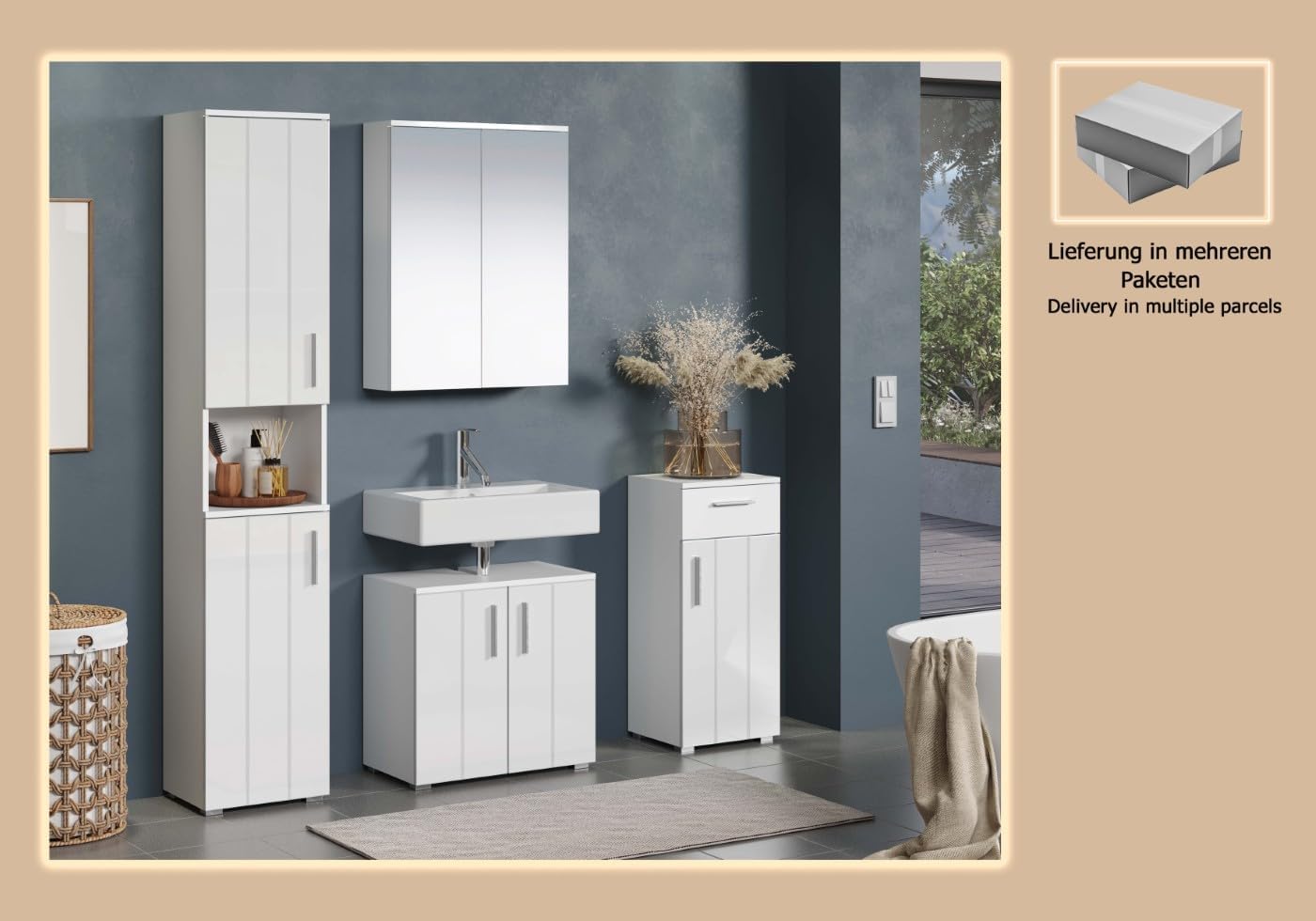 trendteam smart living - 4-teilige Badezimmerkombination Badmöbel - Badezimmer - Wons - Aufbaumaß (BxHxT) 164 x 192 x 32 cm - Farbe Weiß Hochglanz - 220790101