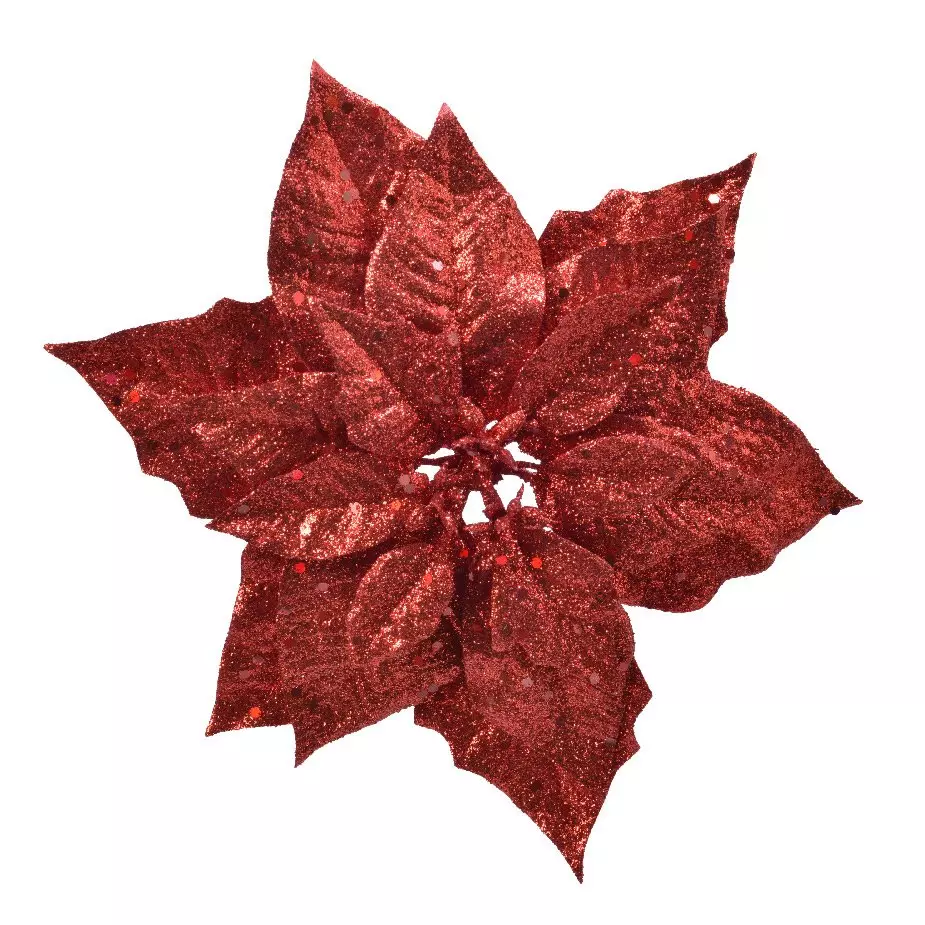 Poinsettia de Noël pailletées sur clip (D23 cm) Rouge
