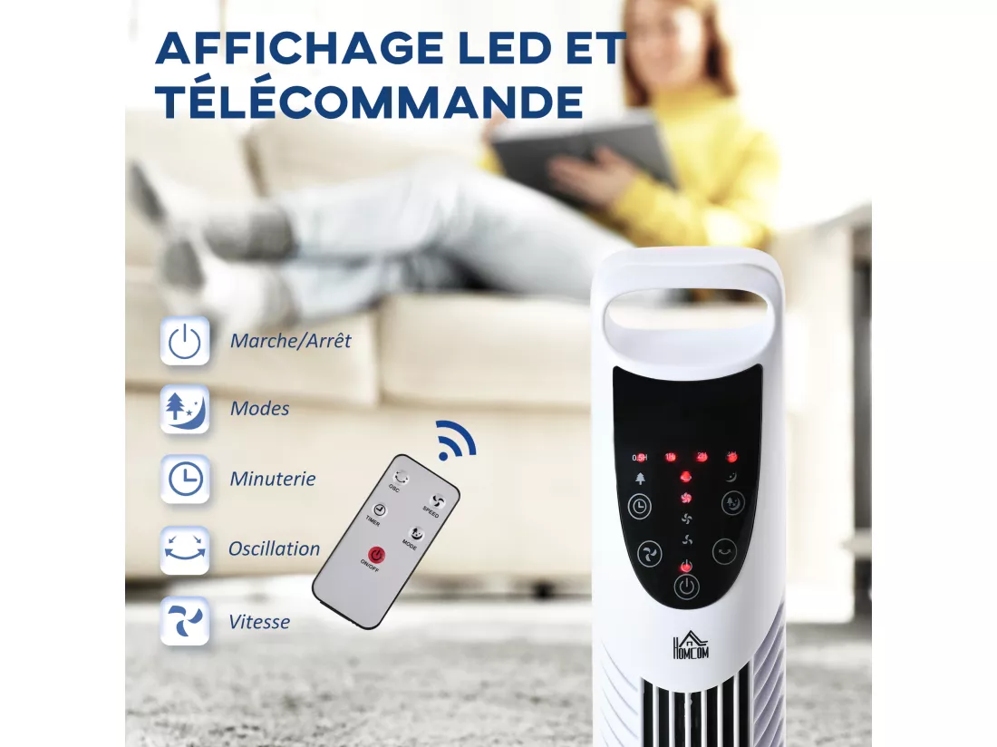 Ventilateur colonne tour oscillant silencieux 40 W télécommande panneau contrôle tactile 3 vitesses H.91,5 cm blanc