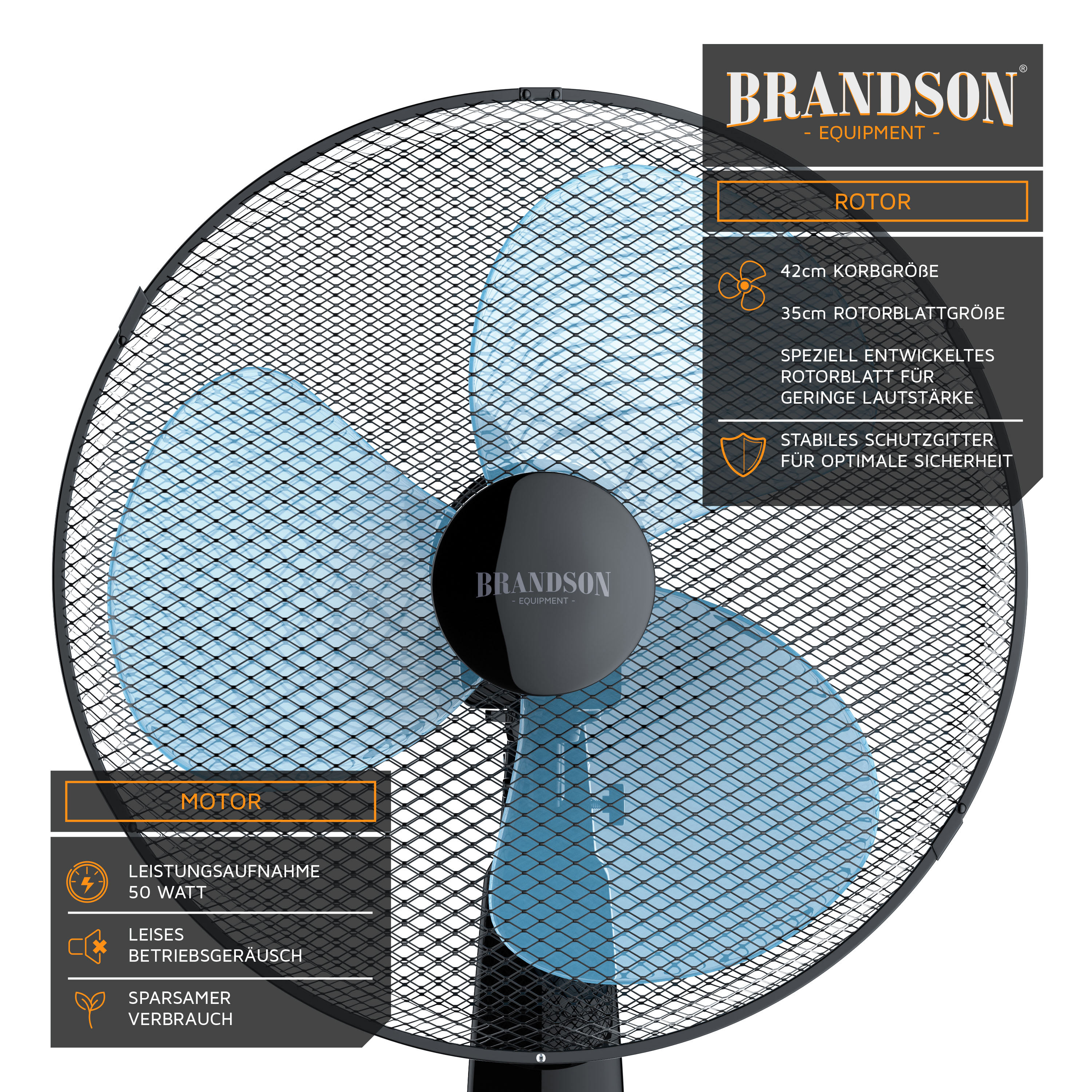 Brandson Standventilator 42 cm, Standlüfter, Ventilator höhenverstellbarer Standfuß, Neigungswinkel verstellbar, 50W, 3 Geschwindigkeitsstufen