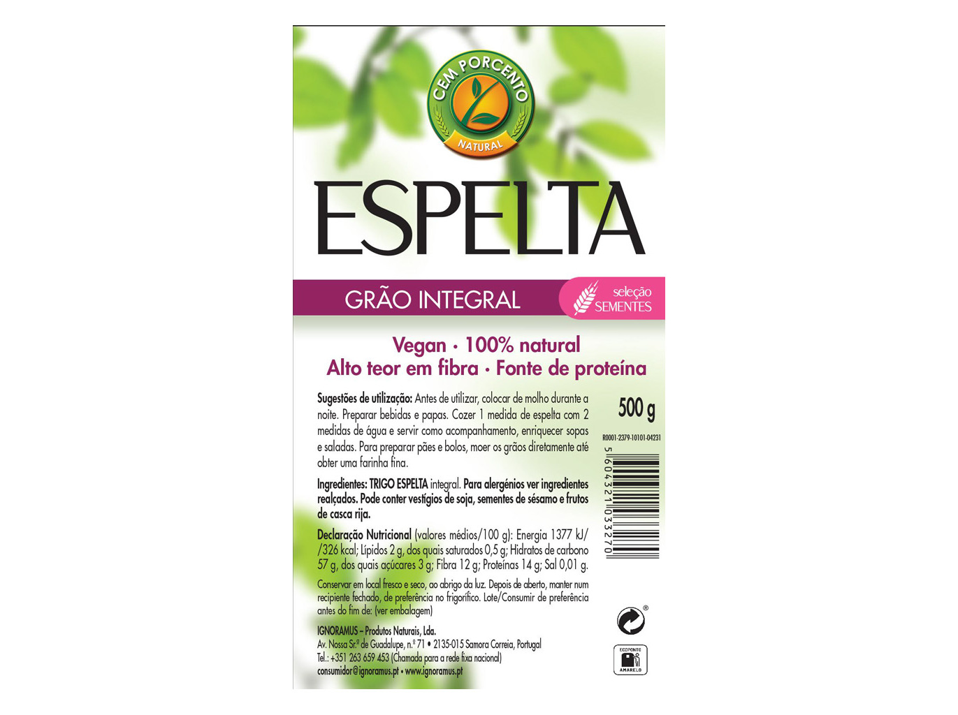 ESPELTA CEM PORCENTO GRÃO 500G