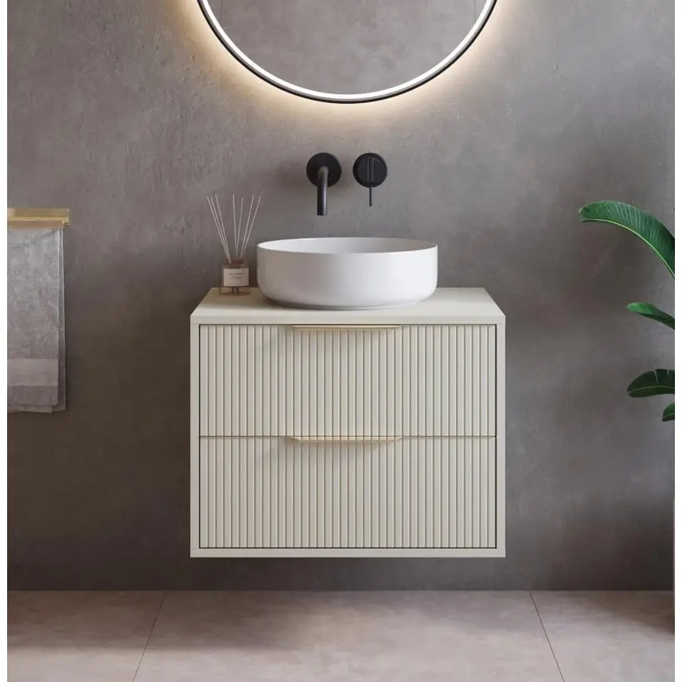 Badplaats Wastafelkast Rimini 60 cm – Beige – Hangend Badmeubel met 2 Lades en