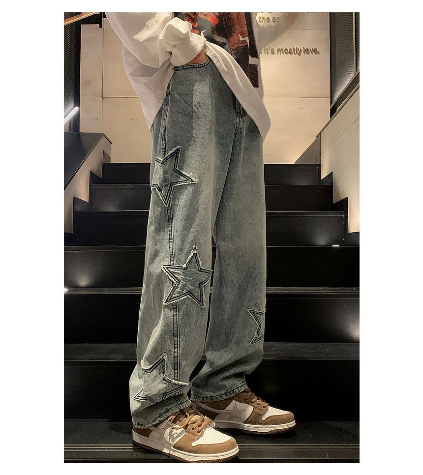 Bay Go Mall - High Waist Star Geborduurde Washed Wide Leg Jeans