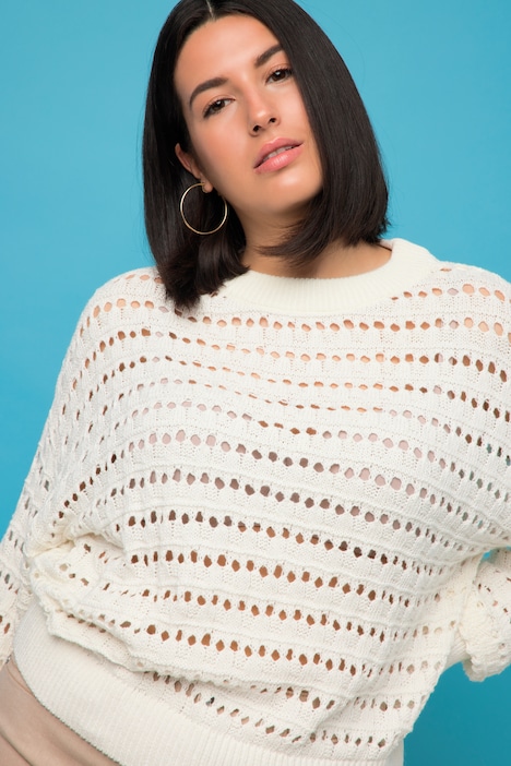 Pullover, oversized, Lochstrick, Rundhals, Langarm