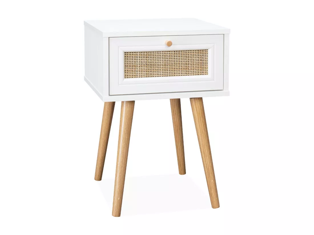 Lot de 2 tables de chevet effet bois blanc et cannage avec 1 tiroir