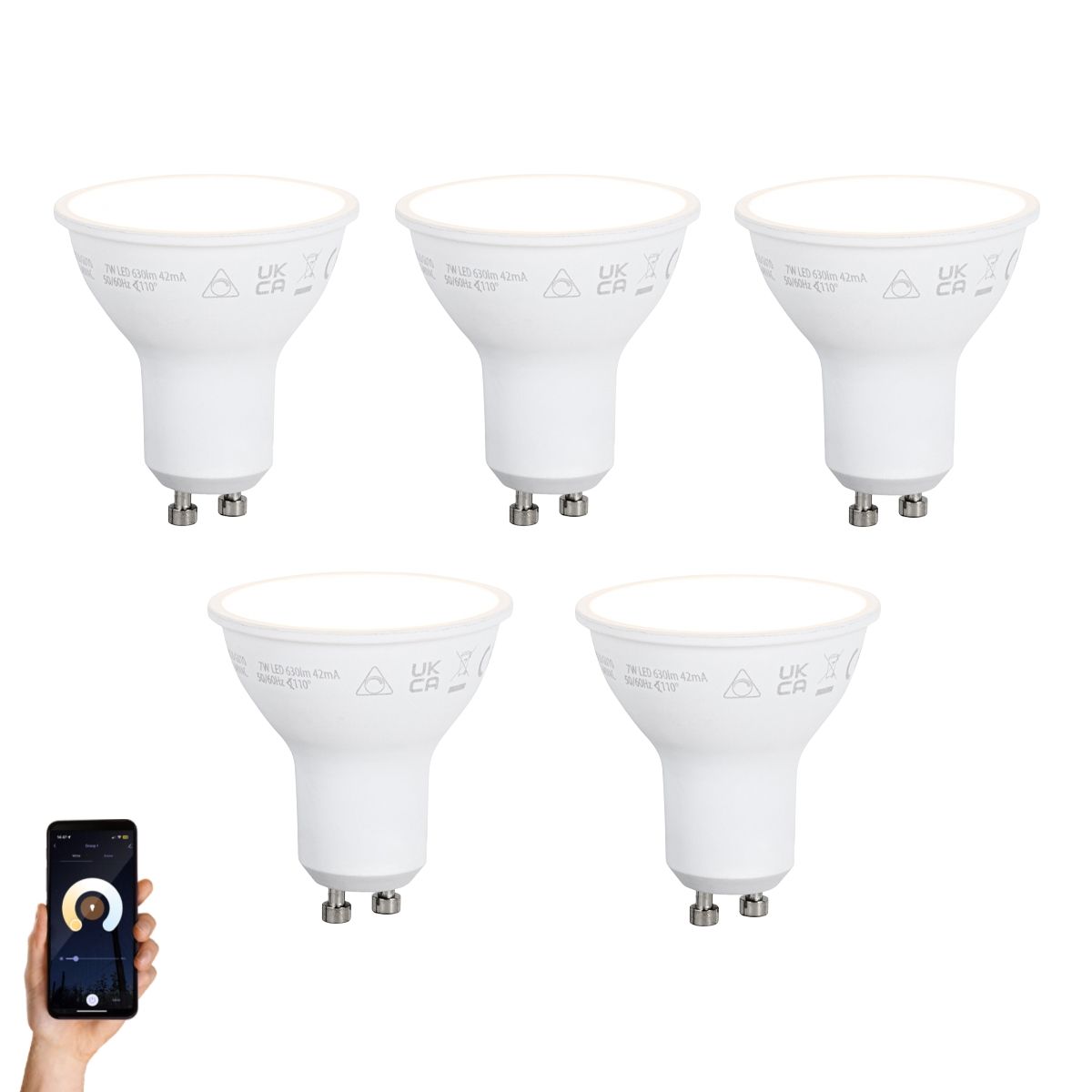 Set van 5 Smart GU10 50mm dimbare LED lampen opaal 7W 630 lm 2700K