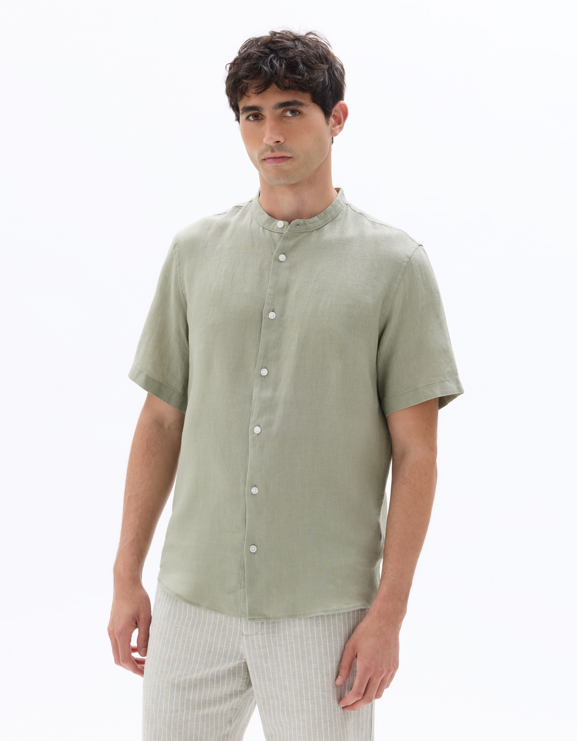 Chemisette regular col mao 100% lin - vert sauge