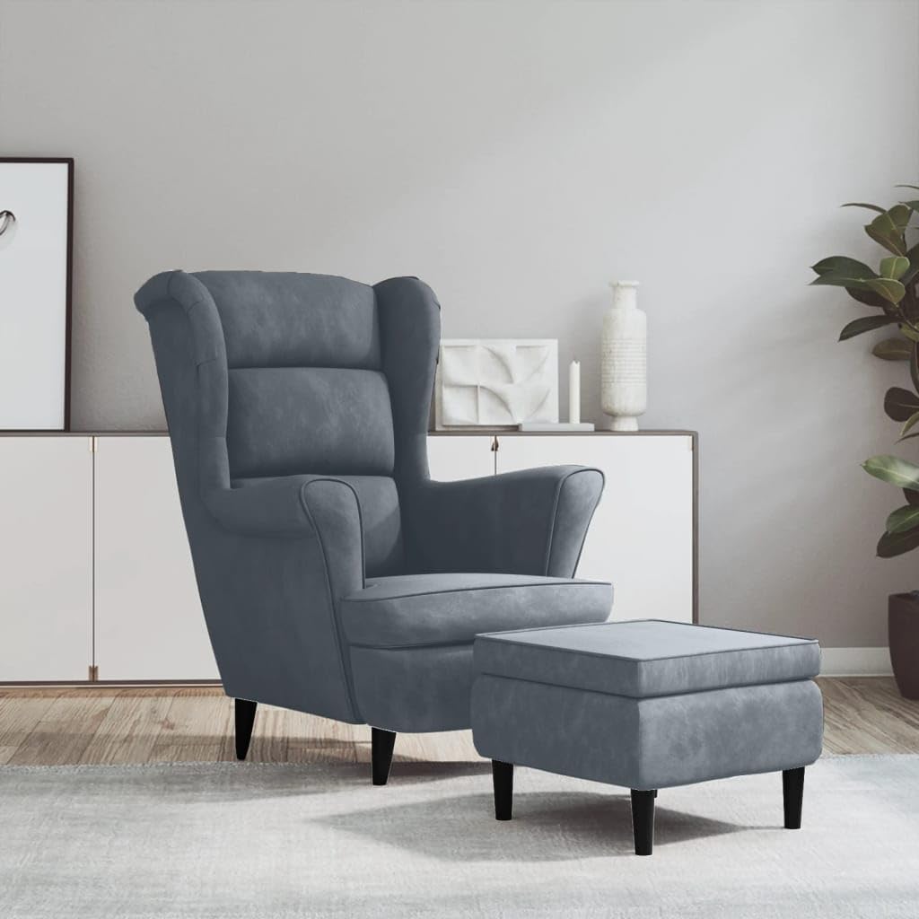 vidaXL Ohrensessel mit Hocker Armlehnen Fernsehsessel Polstersessel Loungesessel Wohnzimmersessel TV Sessel Ruhesessel Relaxsessel Dunkelgrau Samt