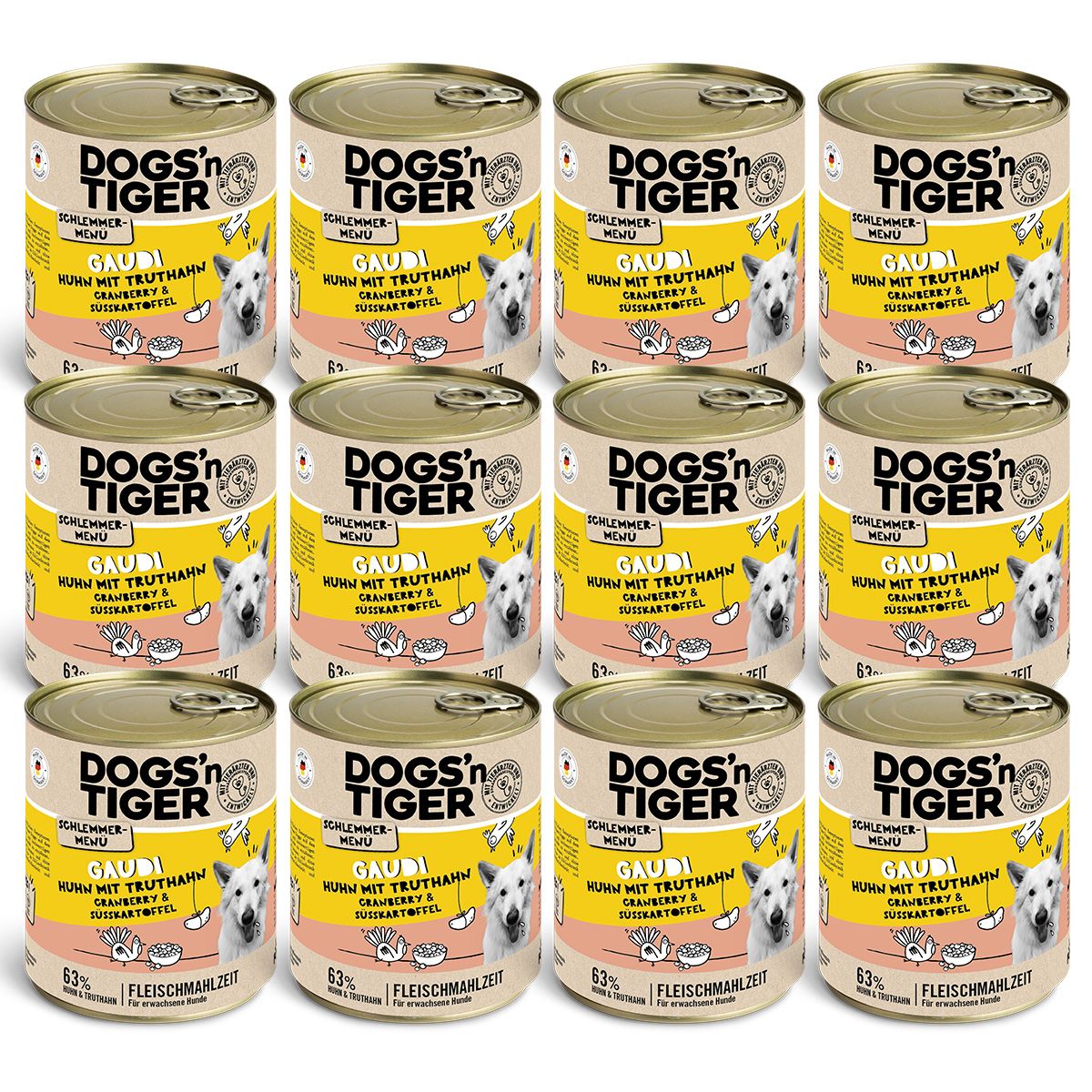 Dogs’n Tiger Adult Hundefutter, Gaudi, Nassfutter, Getreidefrei, Huhn, Truthahn & Cranberry