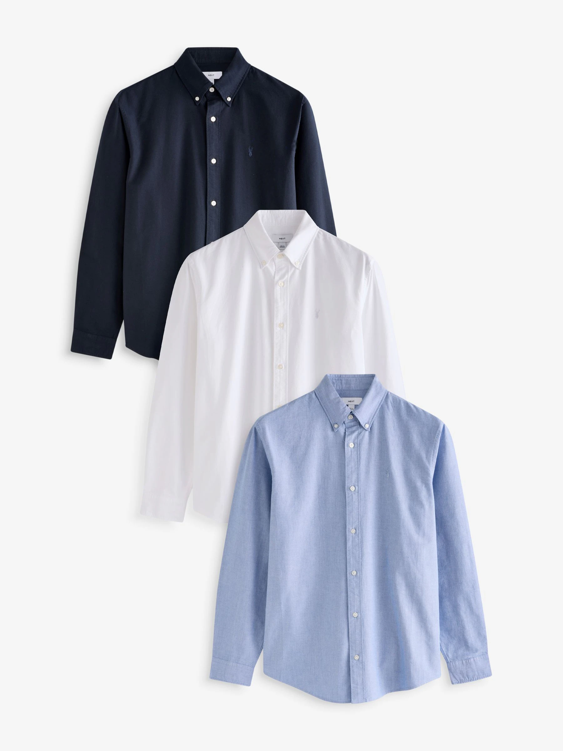 White/Light Blue/Navy Blue 3 Pack - 100% Cotton Long Sleeve Oxford Shirts 3 Pack