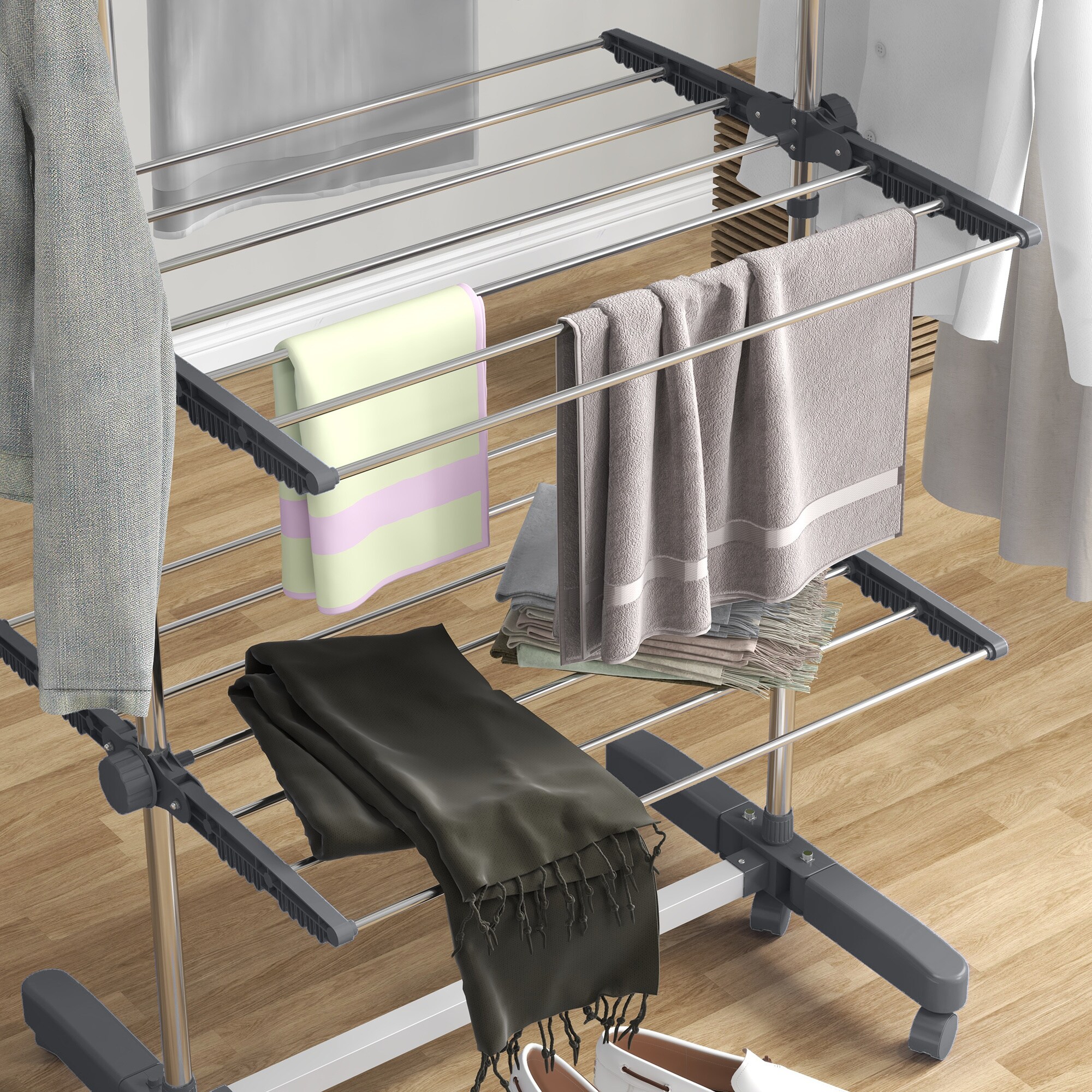 HOMCOM Wäscheständer mit Kleiderhaken grau 142L x 55B x 172H cm
