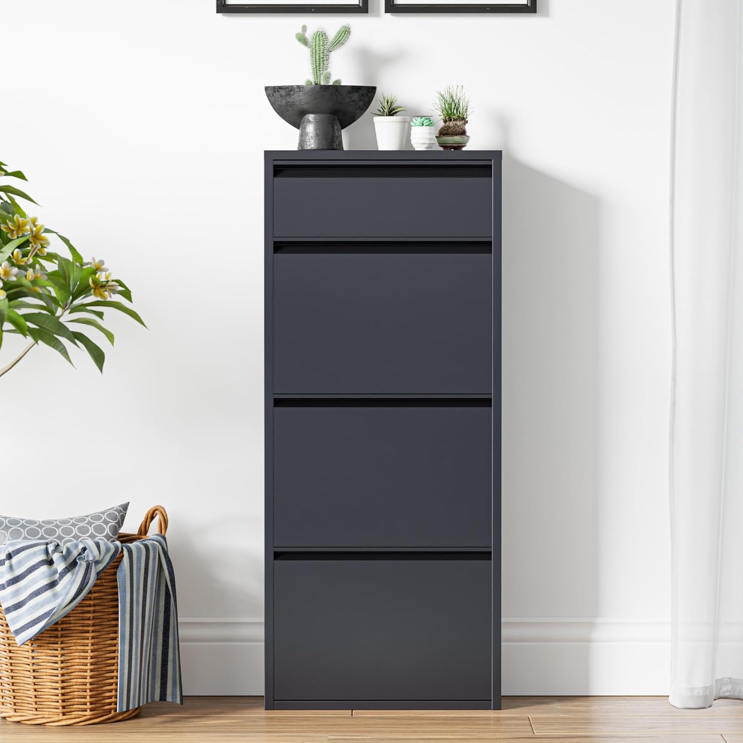 [en.casa] Schuhschrank Sokndal Schuhkipper mit 4 Klappen Metall Schuhkommode für 6 Paar Schuhe 118 x 50 x 15 cm Grau