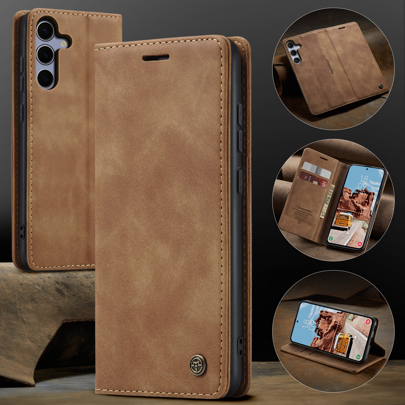 Samsung Galaxy S25 FE Leder Tasche Flip Wallet Etui mit Kartenfächern - Hellbraun
