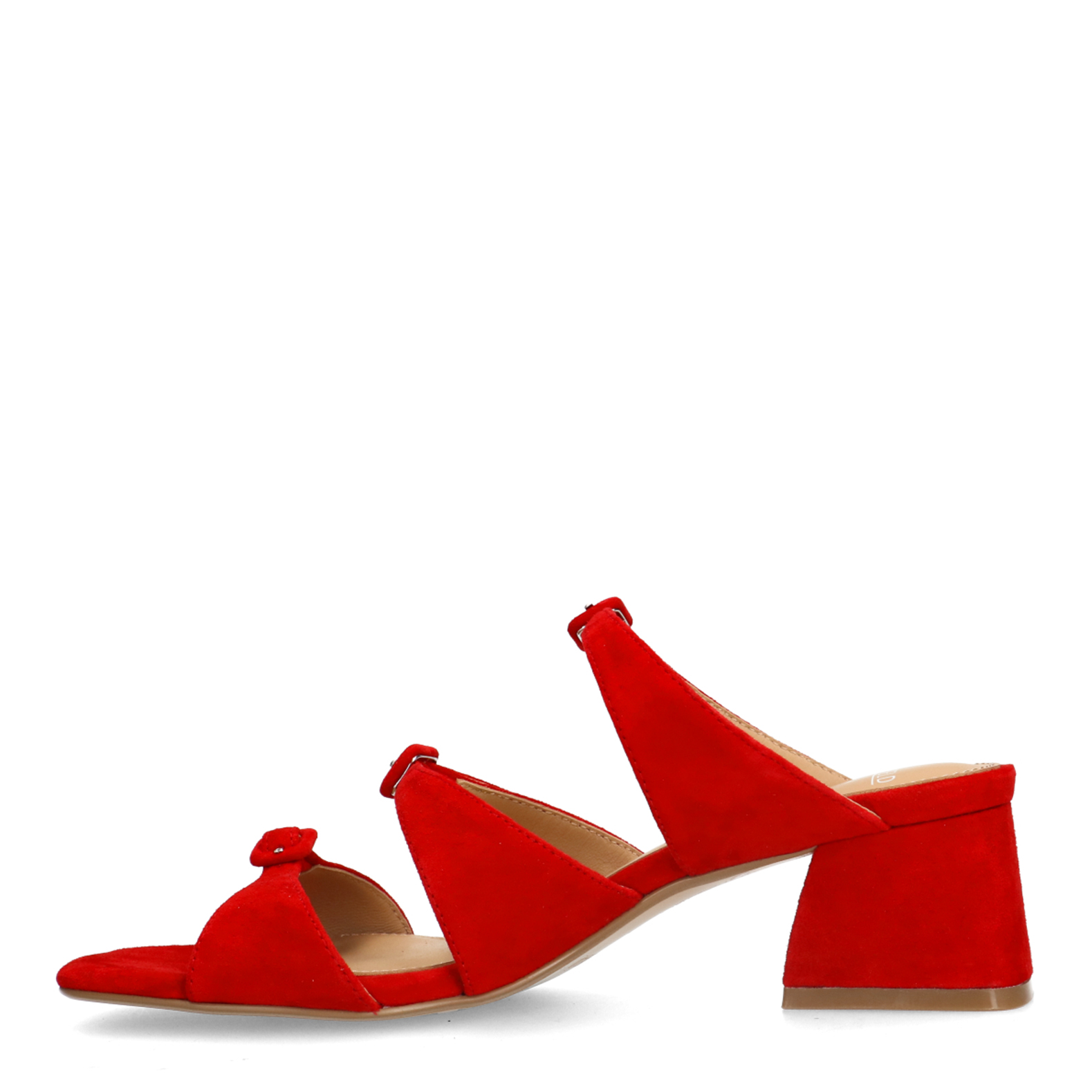 Rode suède sandalen met hak en gespjes