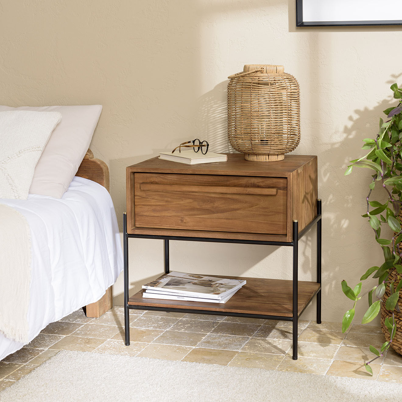Macabane Table de chevet bois de teck recyclé Sixtine marron/noir - 58.5 x45x60 cm