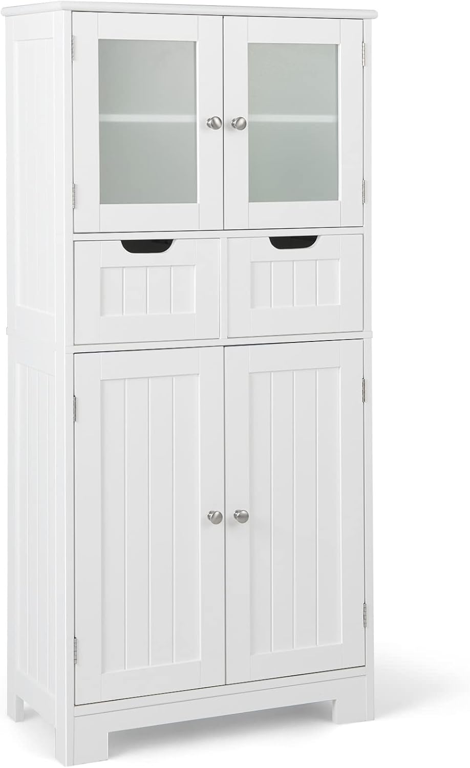 COSTWAY Badschrank mit 2 Schubladen und 4 Türen, Badezimmerschrank mit verstellbaren Regalen, Badkommode Aufbewahrungsschrank für Badezimmer, Küche, Wohnzimmer (Weiß)