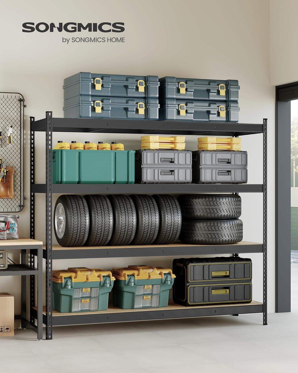 SONGMICS Schwerlastregal, Standregal, 4 Ablagen aus 8 mm dickem MDF, Lagerregal, Aufbewahrungsregal, bis 2000 kg belastbar, Keller, Garage, Lagerraum, tintenschwarz, 60 x 200 x 183 cm, GLR728BZ01
