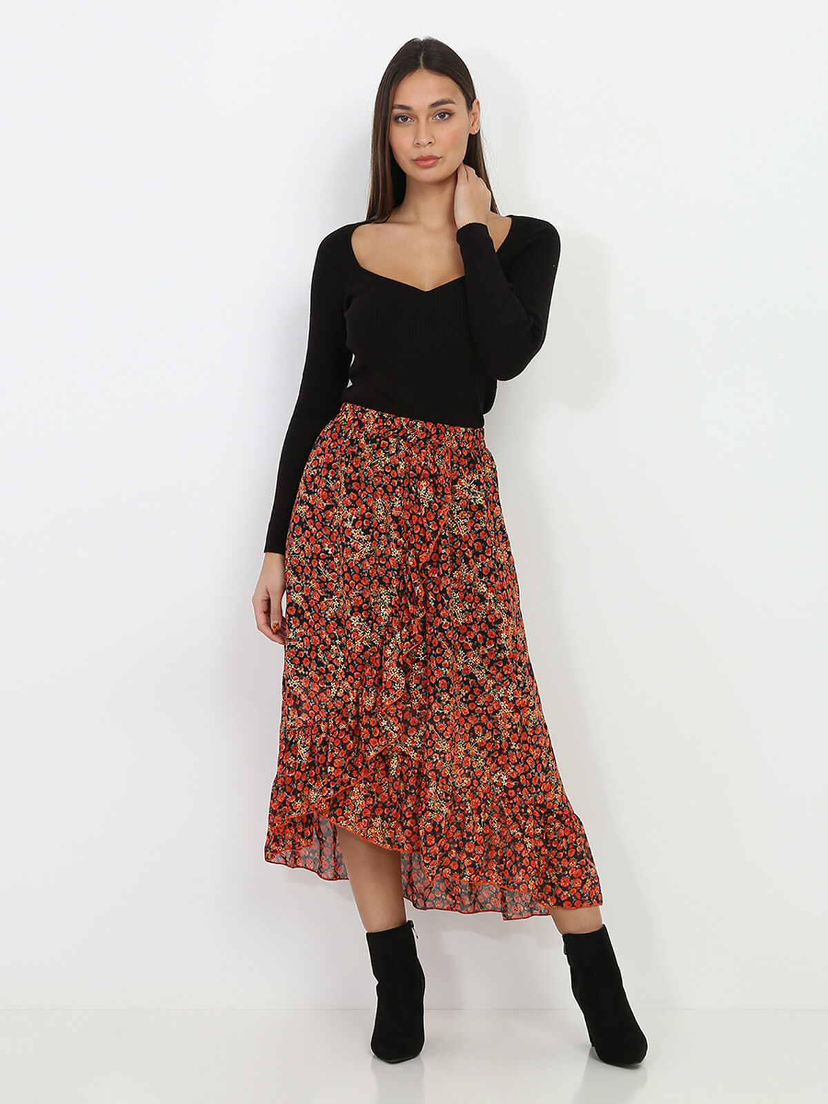 Jupe style portefeuille à fleurs- Noir