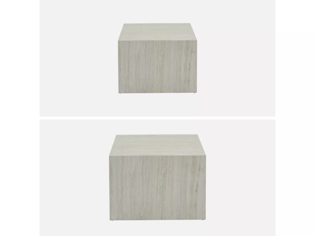 Lot de 2 tables basses effet marbre blanc cassé PAROS. L 58 x l 58 x H 40cm / L 50 x l 50 x H 33cm