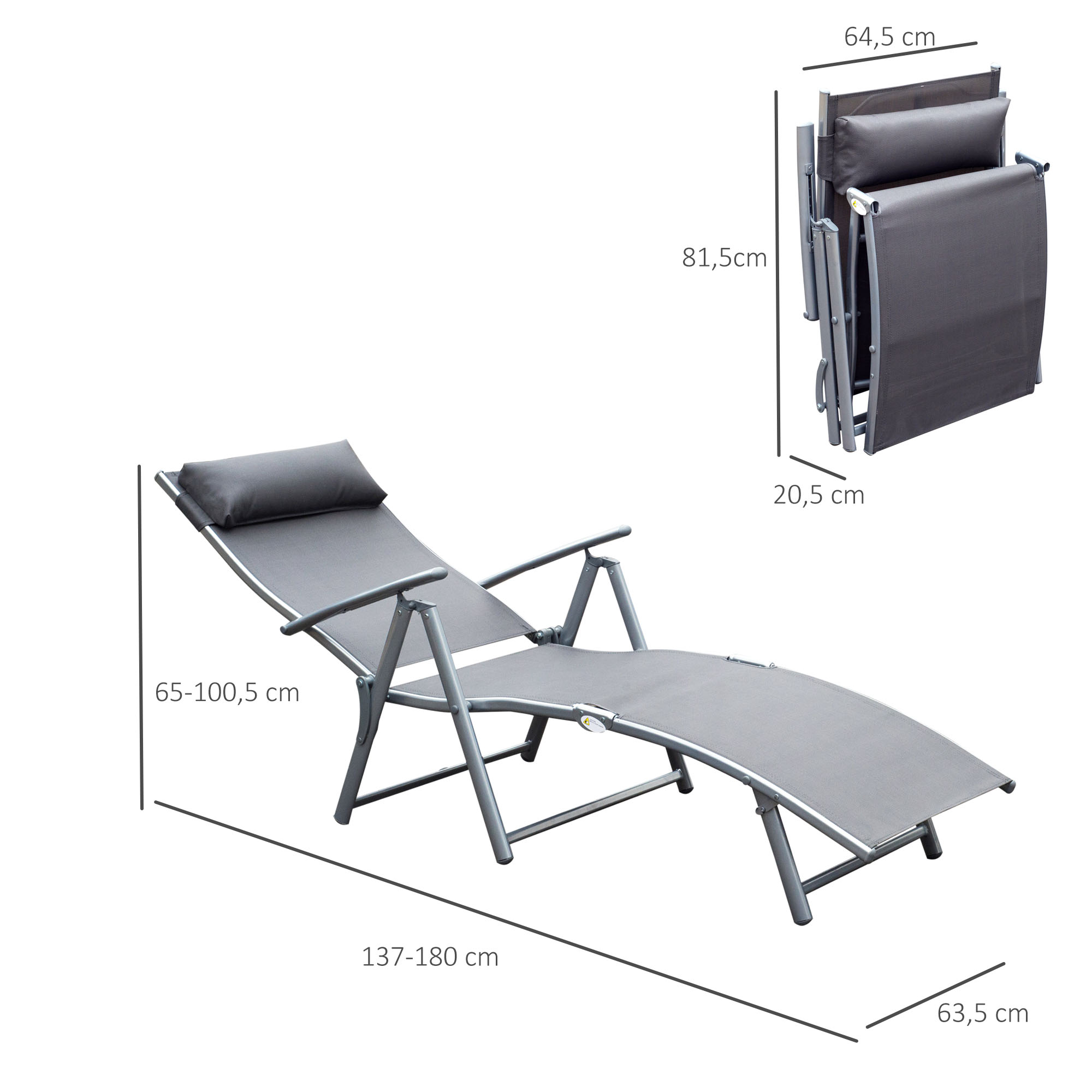 Espreguiçadeira dobrável Outsunny para jardim, com encosto ajustável em 7 níveis, almofada e apoios de braço, capacidade de carga de 165 kg, ideal para piscina, terraço e camping, dimensões 137 x 63,5 x 100,5 cm, cinza.