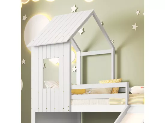 Lit superposé cabane pour enfant avec toboggan - 90x200cm et 140x200cm - Pin certifié FSC + MDF - Blanc