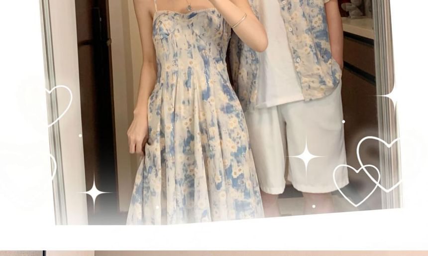 Azure - Bijpassende spaghettibandjes bloemen midi A-lijn zomerjurk / Hawaiiaans overhemd / effen cropped vest