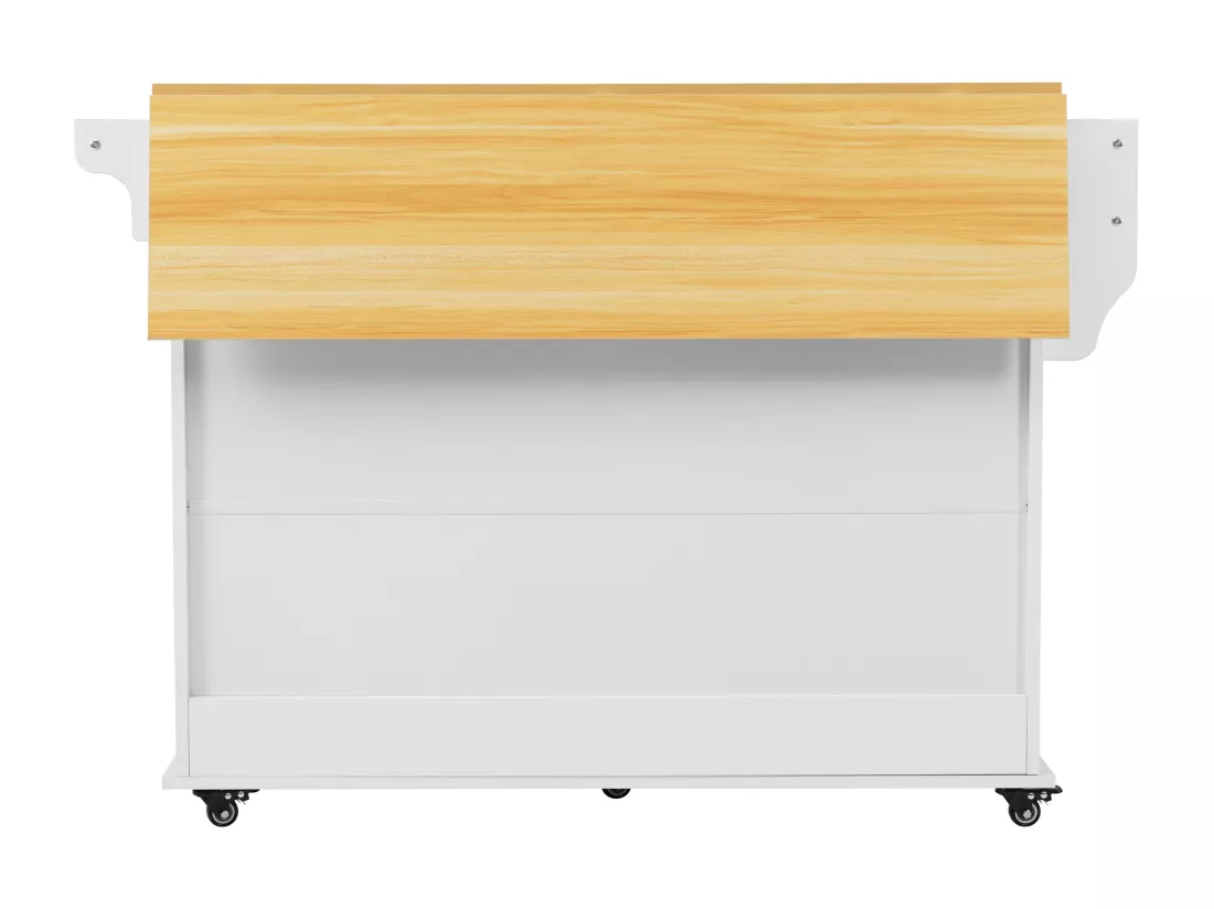 Ilot central de cuisine mobile avec 2 portes coulissantes - plateau extensible - 112x40(70)x94 cm - Bois MDF + métal - Blanc et bois