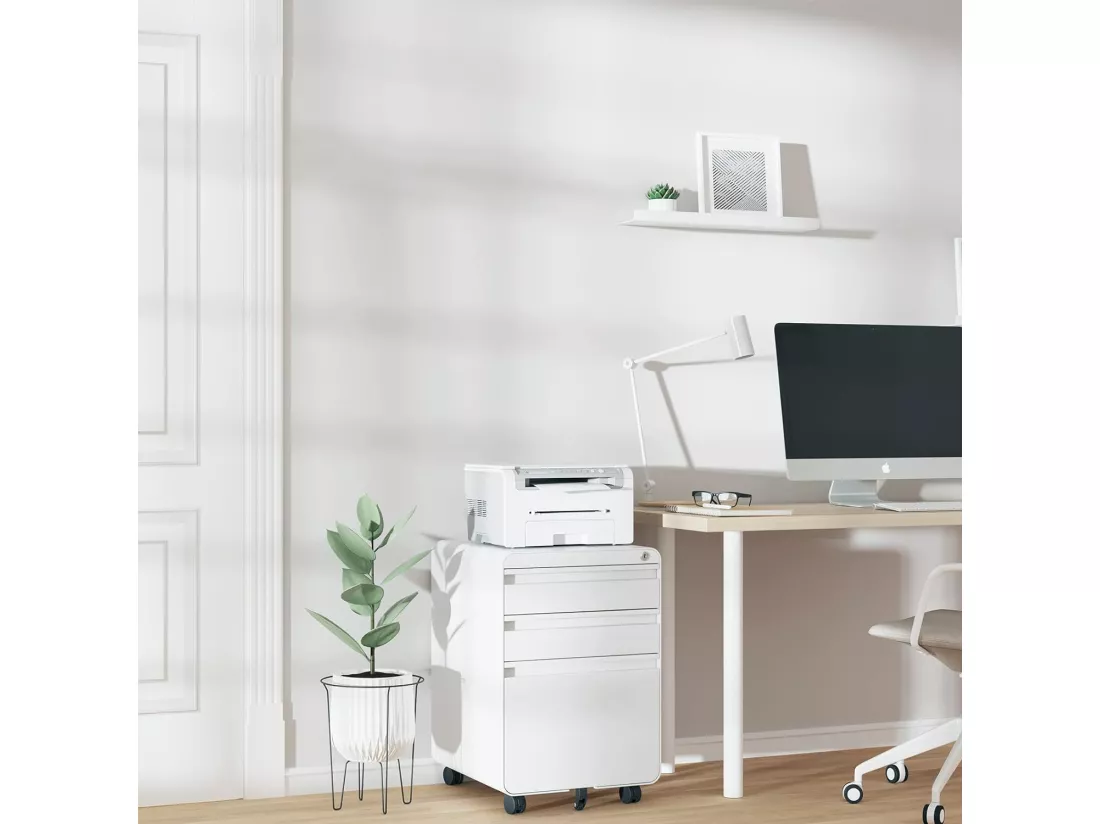 Caisson de Bureau à Roulette 3 Tiroirs,Meuble Dossier Suspendu,Classeur Métal Verrouillable pour Bureau,Bureau à Domicile - 40x45x60cm - Blanc