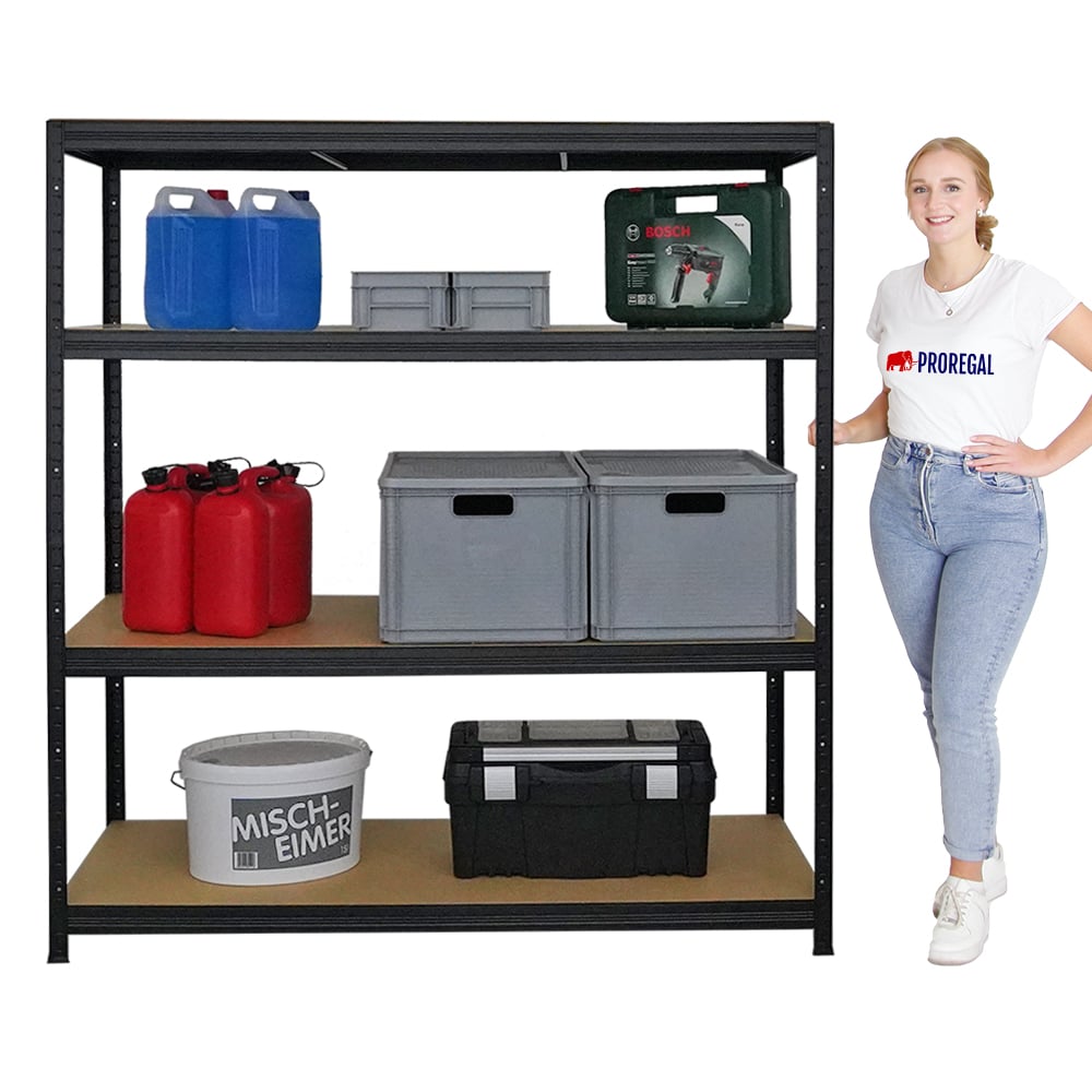 PROREGAL Mega Deal 4-delige set zware stellingkasten Giant Elephant 160x150x60cm met 4 planken, draagvermogen 200kg, zwart