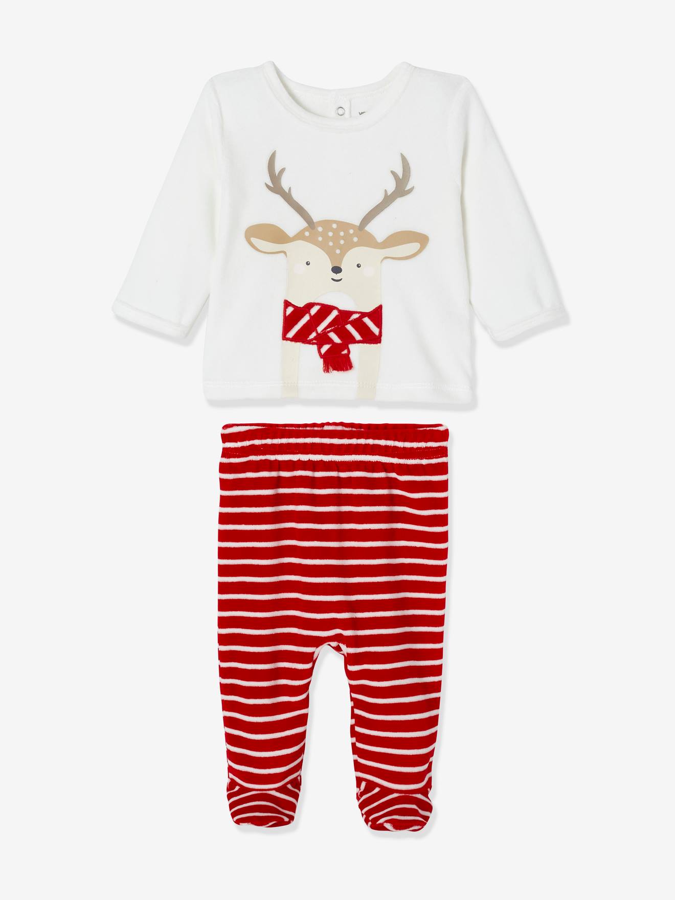 Pijama de veludo infantil de duas peças, branco claro, liso com estampas, estilo natalino.