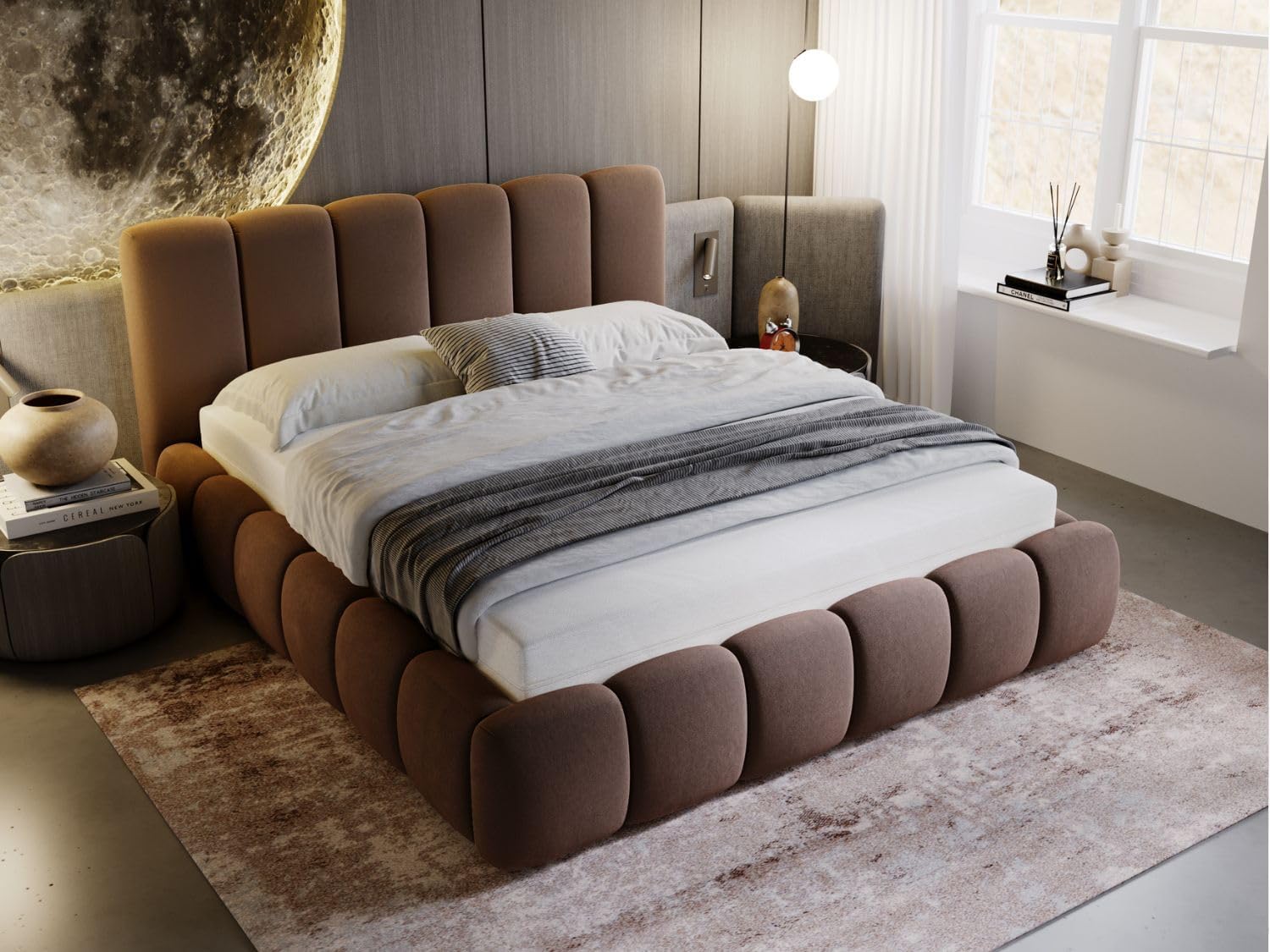 GRAINGOLD Cloud Bett 200x200, Polsterbett mit Bettkasten, Polsterbett mit Stauraum, Samt, mit Lattenrost, mit Kopfteil, ohne Matratze (Braun, 200x200)