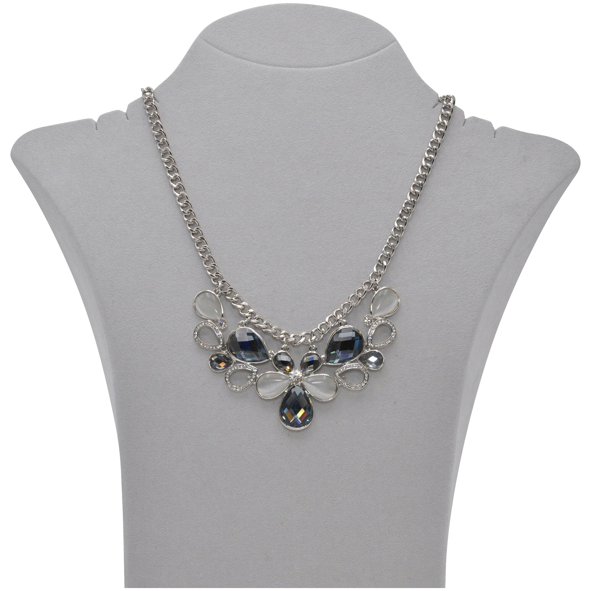 Steuer Modeschmuck Halskette Metall silberfarben mit Blüten-Zierde grau/weiß