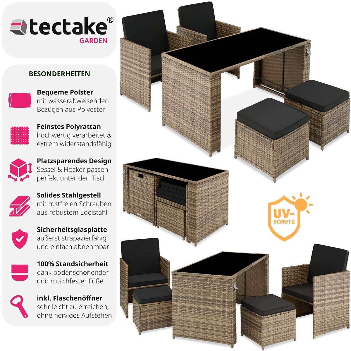 tectake Palermo rotan zitgroep voor 2 tot 4 personen inclusief flesopener, inklapbaar