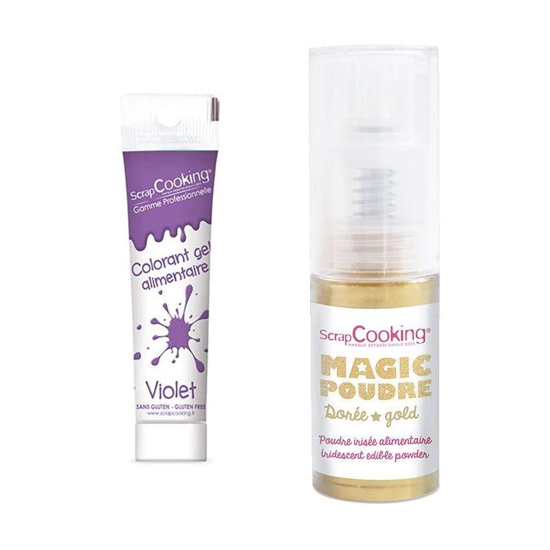 Colorant alimentaire en gel violet + Poudre alimentaire irisée dorée S