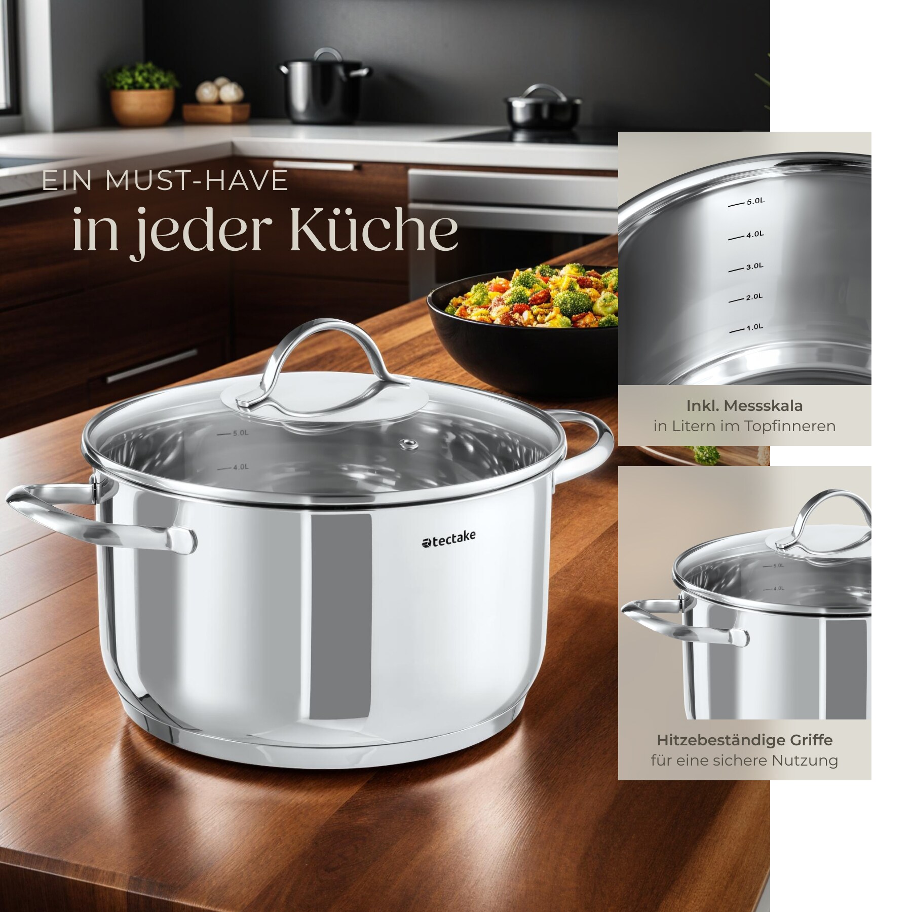 tectake® Kochtopfset, 7-teilig, aus Edelstahl, für Induktion geeignet, Glasdeckel mit Dampfabzug, integrierte Messskala in den Töpfen