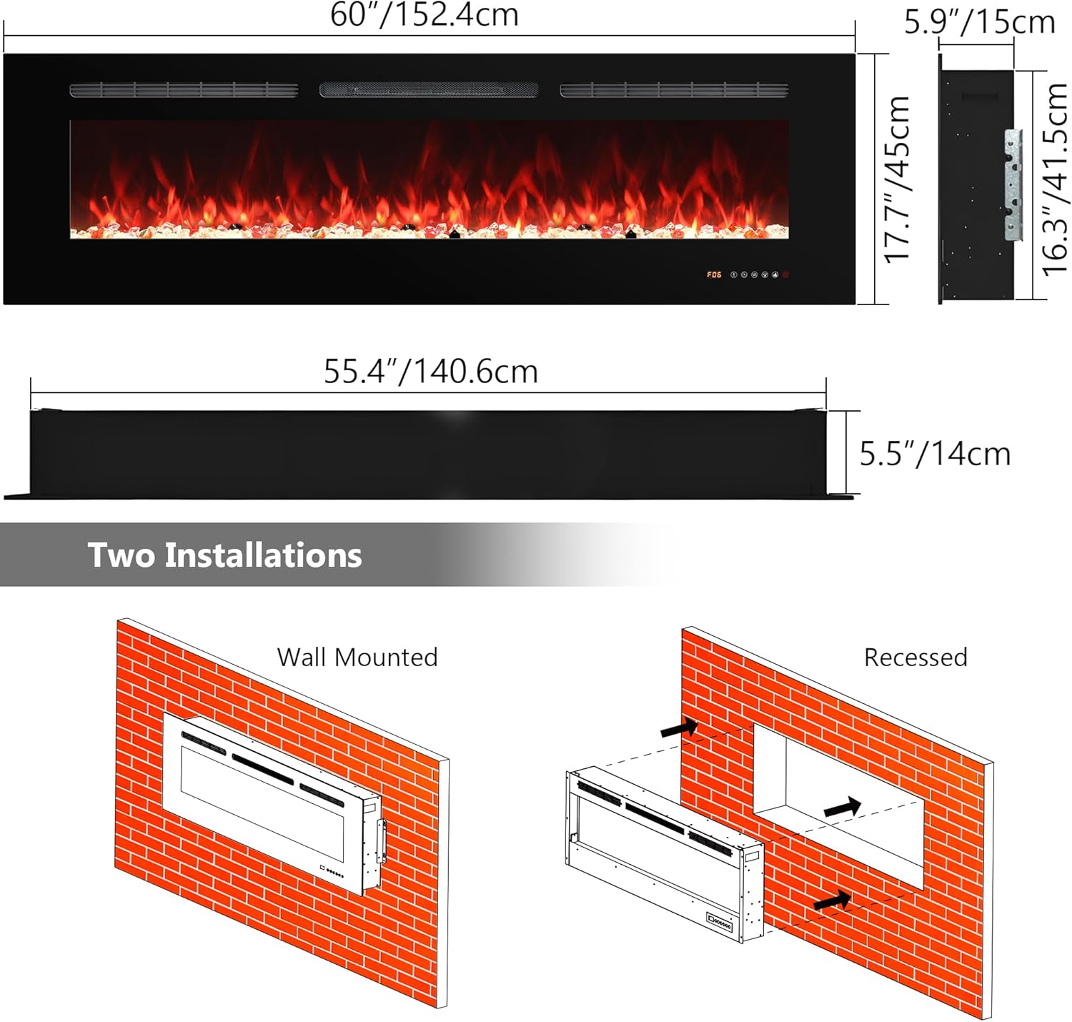 Elektrokamin Wandmontage, 13 Farbmodi LED flammeneffekt, 152 cm Kamin Heizung Glas-Touchscreen und Fernbedienung,1500W(60
