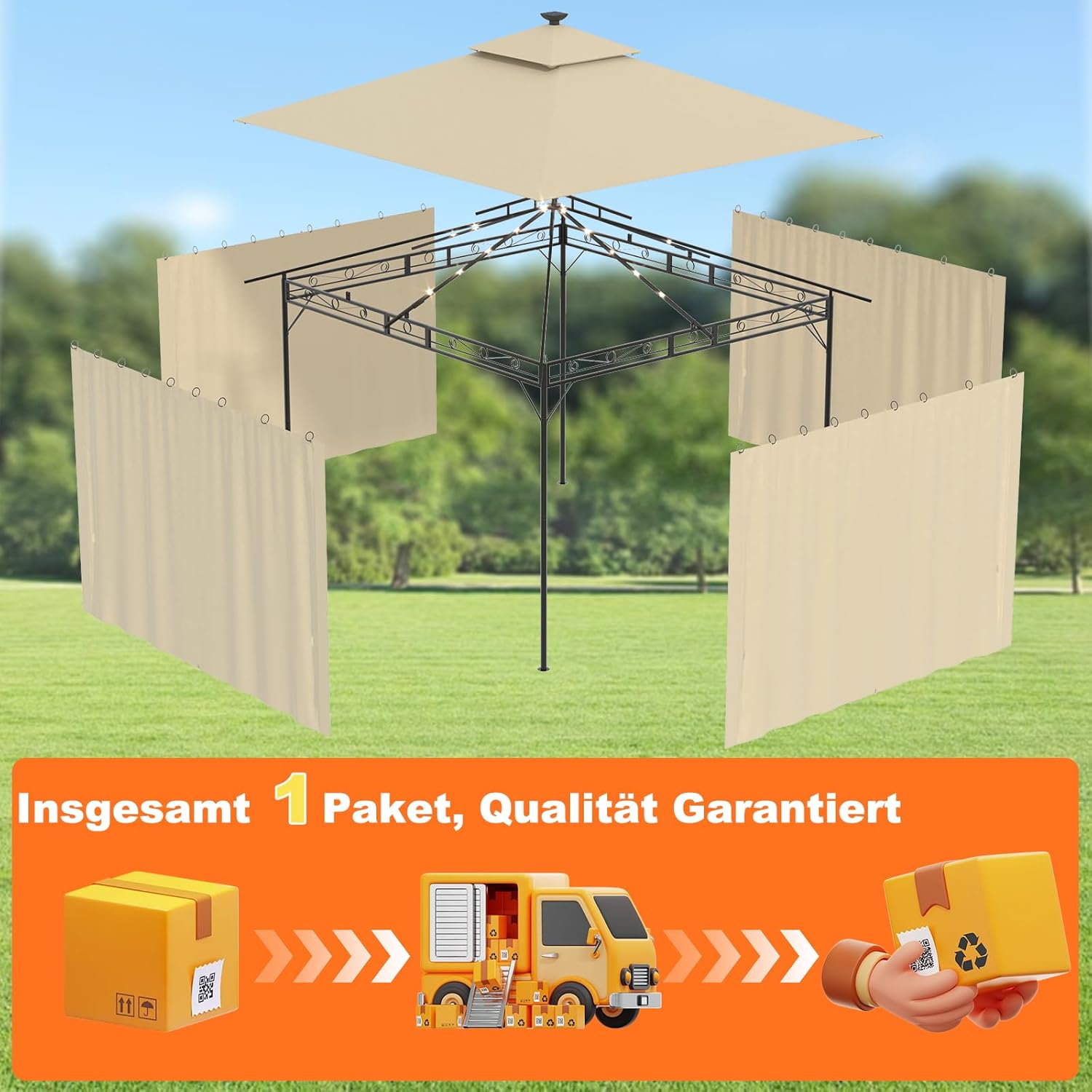 Devoko Garden Pavillon 3x3 Wasserdicht Stabil Winterfest Deluxe Gazebo, UV-Schutz 50+ Doppellagiges Grilpavillons mit seitenwänden für 4-8 Personen, Partyzelt für Freizeit, Partys, Beige mit LED