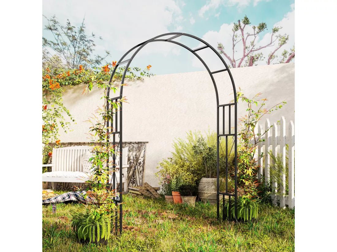 Arche de jardin arche à rosiers style fer forgé dim. 150L x 40l x 223H cm métal époxy noir